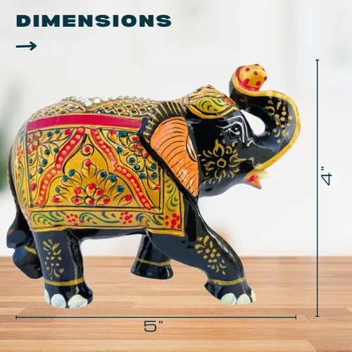 Vista 5 de Figura de elefante de madera hecha a mano – Obra de arte tradicional, adornos dorados y piedras preciosas – Estatua decorativa de elefante