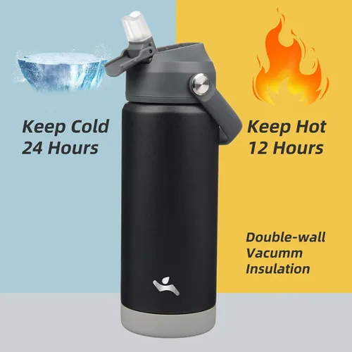 Vista 3 de Konokyo Botella de agua aislada con tapa de pajilla, botella de metal al vacío de acero inoxidable de 18 onzas con mango de silicona, color negro
