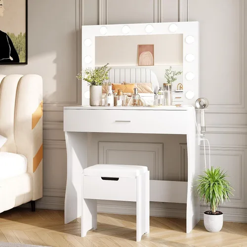 Vista 10 de Vabches Tocador de maquillaje con luces, Mesa tocador de maquillaje, Brillo ajustable, Cajón grande tocador resistente para dormitorio estudio