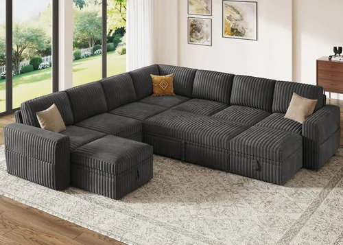 Vista 32 de HONBAY Sofá cama modular extraíble, sofá biplaza de pana, sofás para sala de estar, beige