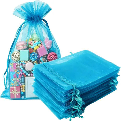 Vista 19 de Bolsas de regalo de organza de 4 x 6 pulgadas con cordón para joyas, dulces, paquetes de 50 bolsas de té de tela transparente azul aguamarina