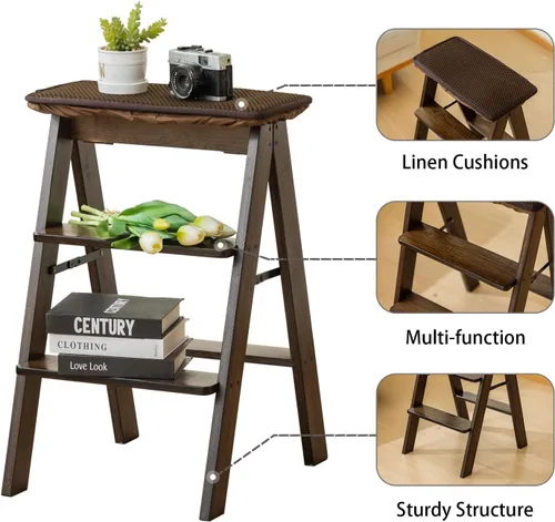 Vista 4 de Latifolia Escalera plegable de 3 escalones, taburete de bambú con protector de suelo, estante decorativo para sala de estar, cocina, jardín