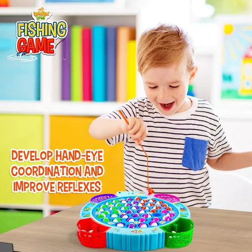 Vista 4 de IPIDIPI TOYS Juego de pesca para niños, 45 peces y 8 bastones, juguete magnético de peces con tablero giratorio y música, actividad de habilidad