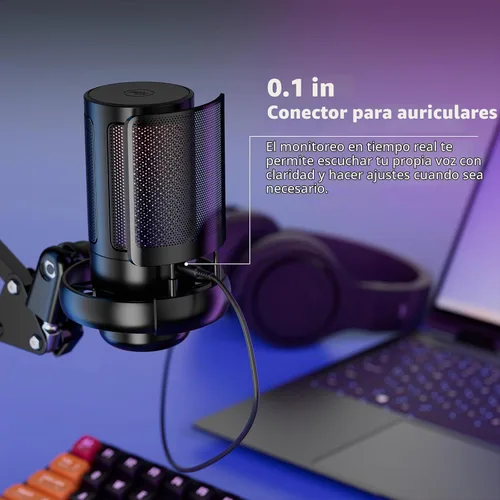 Vista 5 de Micrófono USB para juegos para PC, kit de micrófono de podcast para transmisión, micrófono de condensador con silencio rápido, brazo articulado