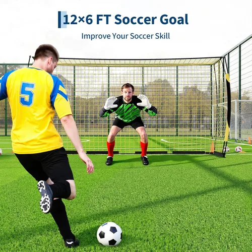 Vista 5 de Portería de fútbol de 12 x 6 pies para patio trasero, red de fútbol portátil con base de metal resistente, equipo de entrenamiento de fútbol