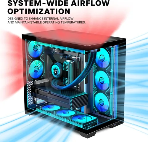 Vista 4 de PC CASE 9 PWM ARGB Ventiladores preinstalados, funda de PC para juegos de media torre, carcasa panorámica de vidrio templado para computadora