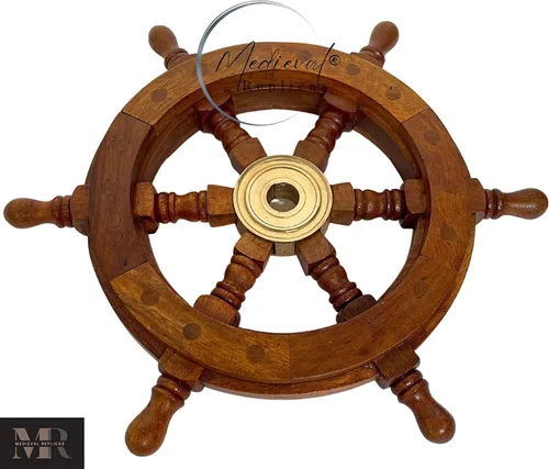 Vista 4 de Medieval Replicas Rueda de latón Rueda de barco de madera náutica 12 pulgadas, 12 pulgadas