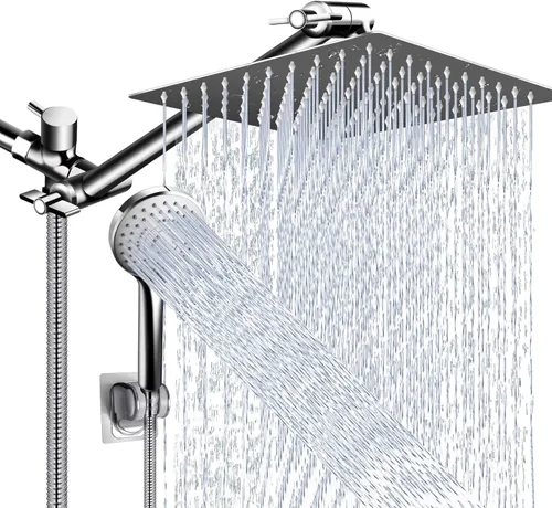 Vista 13 de Combo de cabezal de ducha (níquel cepillado), cabezal de ducha de lluvia de alta presión de 8 pulgadas con brazo de extensión ajustable de 11