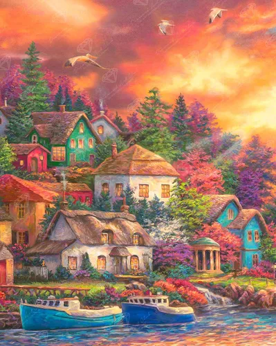 Vista 10 de DIAMOND ART CLUB - Juego de pintura con diamantes, lienzo de “Otoño en Leavenworth”, lienzo redondo 5D para principiantes, divertidas manualidades