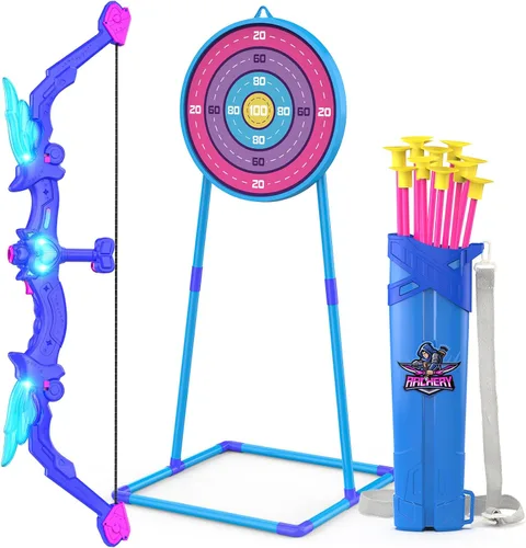 Vista 10 de Paquete de 2 conjuntos de arco y flecha para niños, conjunto de tiro con arco con luces con 14 flechas de ventosa, objetivos de tiro con arco