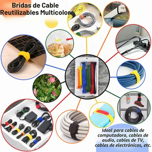 Vista 3 de 80 unidades de bridas de cable reutilizables multicolor, bridas de alambre para gestión de cables, bridas de cordón reutilizables para electrónicos