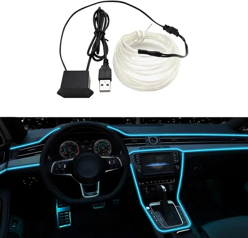Vista 9 de Tira de luces LED de alambre EL para interior del automóvil, tira de cable USB de neón brillante estroboscópico de 16.5 pies con borde de costura
