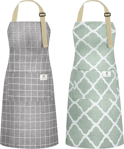 Vista 15 de NLUS Paquete de 2 delantales de cocina ajustables con babero, delantal de chef suave con 2 bolsillos para hombres y mujeres (rayas negras)