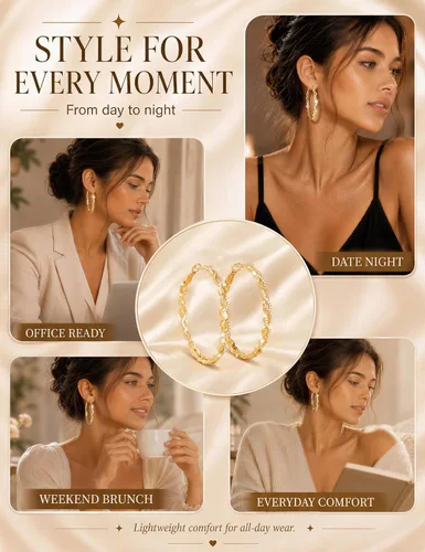 Vista 5 de Aretes de aro grandes de plata de ley 925 para mujer, 0.787/1.181/1.575 Circonita trenzada dorada