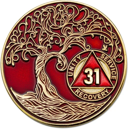 Vista 9 de 1 año Sobriety Mint Twisted Tree of Life Medallón de recuperación AA chapado en oro, chip/ficha - negro