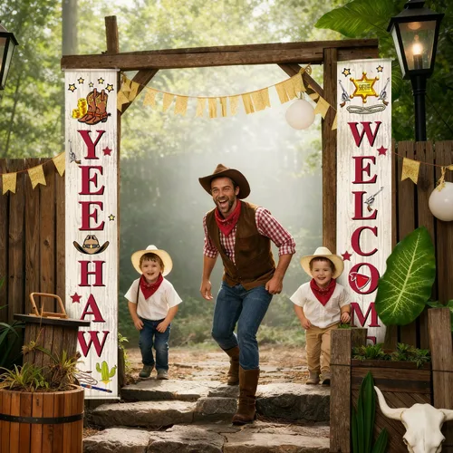 Vista 2 de Blulu Decoración de puerta de fiesta de vaquero occidental, decoración temática del salvaje oeste, cartel colgante de porche de bienvenida Yee Haw