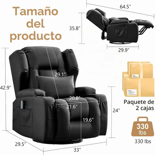 Vista 2 de URRED Silla reclinable giratoria eléctrica con masaje y calor, juego de 1 Negro