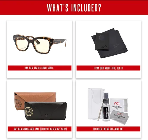 Vista 5 de Ray-Ban State Street RB2186 - Lentes de sol cuadrados para hombre y mujer + paquete con kit de gafas de diseñador iWear
