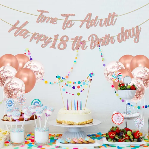 Vista 5 de Decoraciones de cumpleaños número 18 de oro rosa para niñas, pancarta de cumpleaños número 18, banda de cumpleaños 18, tiara de 40 pulgadas, número