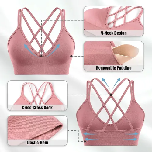 Vista 7 de Brasier deportivo para mujer, con cuello en V, tirantes cruzados, brasier de yoga acolchado, soporte medio, entrenamiento, gimnasio, atlético