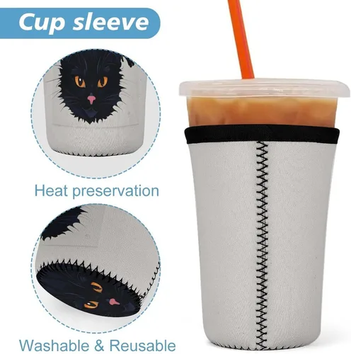 Vista 3 de Abstract Kitty Reusable Insulated Neoprene Iced Coffee Cup Sleeves 3 Sizes Diving Material Cup Durable Beverage Covers for Cold Coffee Tea Drinks