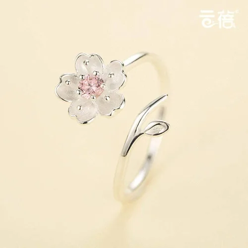 Vista 4 de Aretes para mujer, anillo ajustable de plata de ley S925, diseño moderno de flor de cerezo rosa, circonita cúbica, a la moda, ajustable