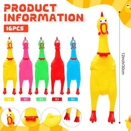 Vista 4 de Sratte Paquete de 16 juguetes de pollo chirriantes a granel, juguetes grandes de goma de pollo chirriante para mascotas, regalos para masticar