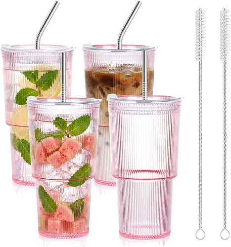Vista 8 de 2 vasos de plástico de 15 onzas con tapas y pajita, tazas de plástico reutilizables para café helado, a prueba de fugas, vasos de viaje para café