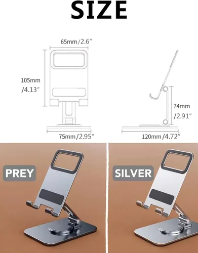Vista 8 de Paquete de 2 soportes plegables dobles para teléfono celular con silicona, soporte de aluminio ajustable de 360° para teléfono de escritorio