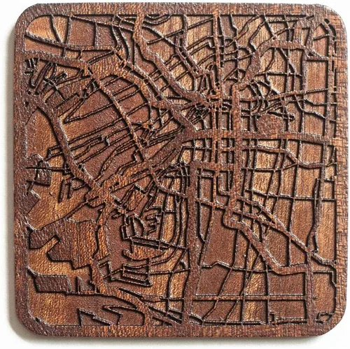 Vista 88 de Posavasos Amsterdam Map by O3 Design Studio, 1 pieza, posavasos de madera Sapele con mapa de la ciudad, hecho a mano, varias ciudades opcionales