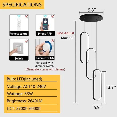 Vista 2 de Lámpara de Araña de Anillo Moderna LED Regulable Luz de Techo para Isla de Cocina Sala de Estar Escaleras Comedor Negro