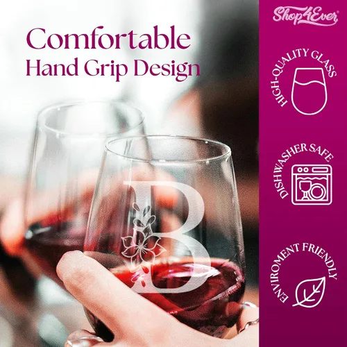 Vista 4 de Copa de vino sin tallo, con monograma floral, grabada con láser, 15 onzas, regalo inicial personalizado para ella (B)