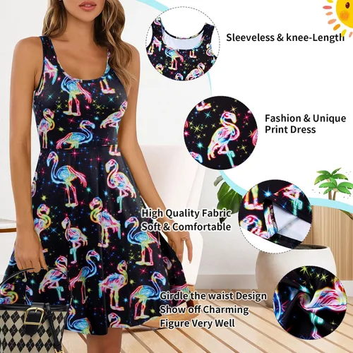 Vista 9 de uideazone - Vestido de mujer sin mangas cuello redondo de verano, para playa, casual, Midi línea A.