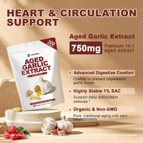 Vista 2 de Cápsulas blandas de extracto de ajo envejecido de 750 mg, suplemento de ajo inodoro, estandarizado para S-alil cisteína (SAC), fórmula madura de 24