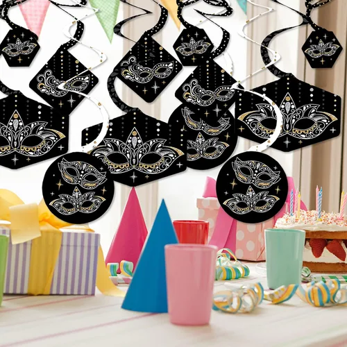 Vista 2 de Big Dot of Happiness Máscara veneciana para colgar en fiestas, diseño de remolinos, juego de 40