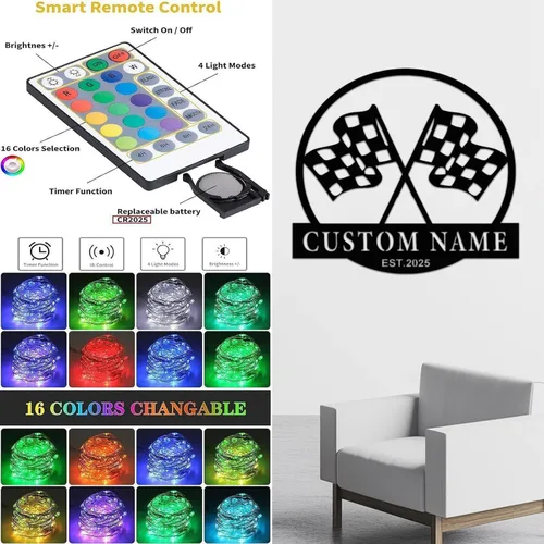 Vista 6 de Letrero de metal personalizado con bandera de carreras a cuadros, arte de pared de metal personalizado, letrero de nombre con monograma de bandera a