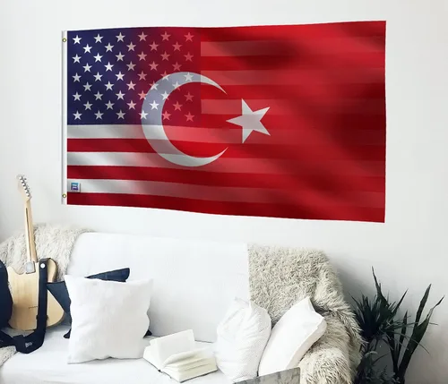 Vista 4 de Bandera híbrida turco-americana de 3 x 5 pies: pancarta 100% poliéster, ojales de latón y cabecera de lona fuerte, para uso en exteriores