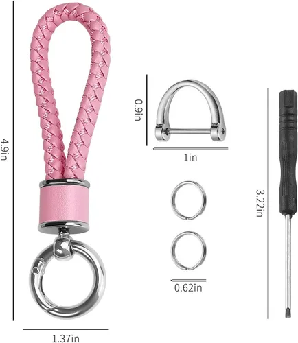 Vista 5 de Tukellen Llavero de tejido de cuero para automóvil, llavero de regalo para mujer, con anillo en D giratorio de 360 grados y destornillador