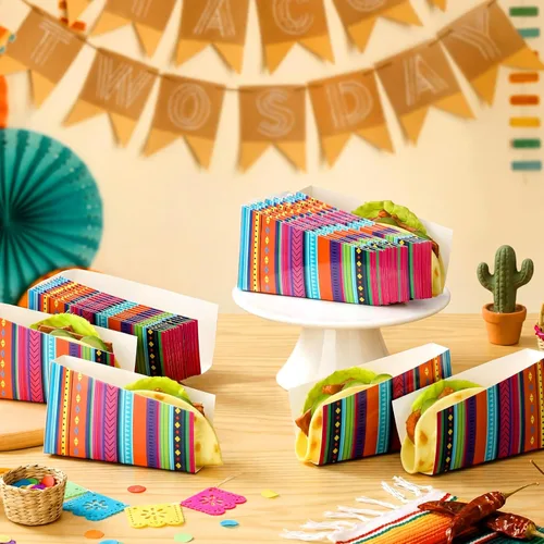 Vista 5 de 50 piezas de Taco Nights Mexican Cinco De Mayo Party Taco Holder Mexican Nacho Popcorn Bandejas sin ensamblar Snack Soporte de papel desechable