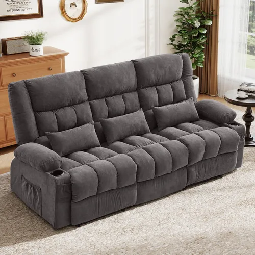 Vista 14 de BOSMILLER Sofá reclinable con portavasos para sala de estar, sofá manual de 3 asientos, reclinable con bolsillo lateral