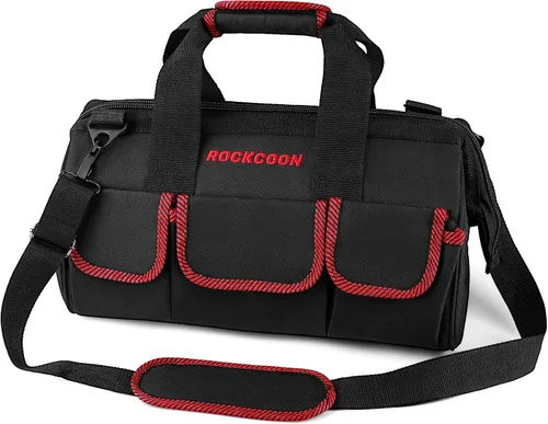 Vista 8 de Bolsa de herramientas de 16 pulgadas, organizador de herramientas multibolsillos con base de plástico impermeable, maletín resistente con correa