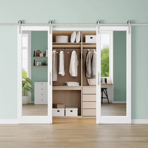 Vista 23 de 30"x84" 1-Lite Double Side Mirror Barn Door Slab with 6FT Track Kit, Handle White / 1-Lite Double Side Mirror