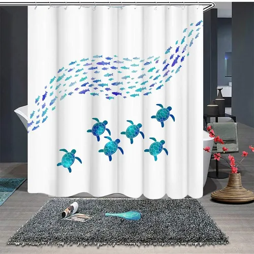 Vista 5 de RnnJoile Cortina de baño, cortina de ducha impermeable náutica con tela de animales marinos, 72 x 72 pulgadas, incluye ganchos, azul turquesa