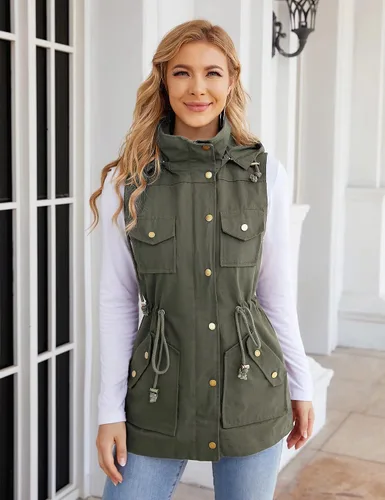 Vista 4 de BBX Lephsnt Chaleco utilitario para mujer, con cordón en la cintura, chaqueta militar sin mangas