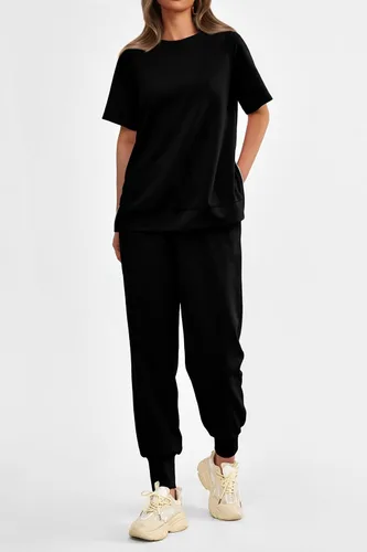 Vista 3 de PRETTYGARDEN Conjunto de 2 piezas de verano para mujer, conjunto deportivo casual de manga corta, pantalones deportivos de cintura alta