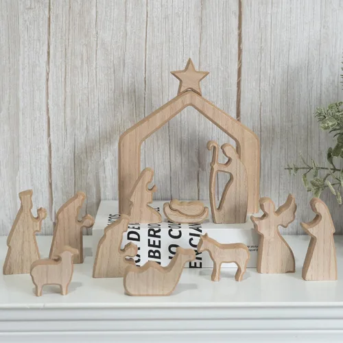 Vista 8 de NEROSUN - Juego de escenas de la Natividad, 13 figuras de madera en miniatura de la Sagrada Familia y el pesebre, figuras minimalistas, bohemias