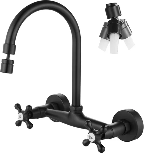 Vista 11 de Airuida Grifo de cocina de montaje en pared con rociador, grifo de fregadero de cocina montado en la pared, manijas dobles cruzadas, boquilla