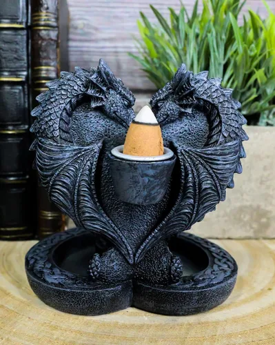 Vista 7 de Ebros Gift Guardian of Faux Stone Celtic Heart Tomb Altar Romántico Doble Dragón Cono de reflujo Incienso en cascada Humo Piscina Cascada Quemador