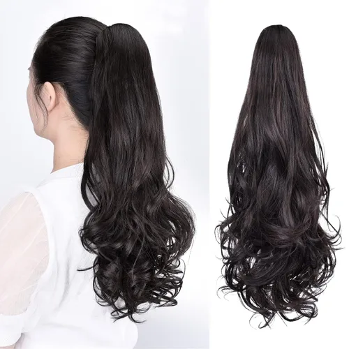 Vista 59 de Extensiones de cola de caballo, extensiones de cabello de cola de caballo con clip de garra marrón oscuro para mujer, pieza de cabello rizado