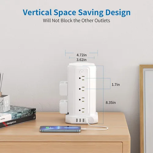 Vista 3 de NTONPOWER - Regleta protectora de sobretensiones en torre, 16 salidas y 4 puertos USB, estación de carga de escritorio, interruptor individual